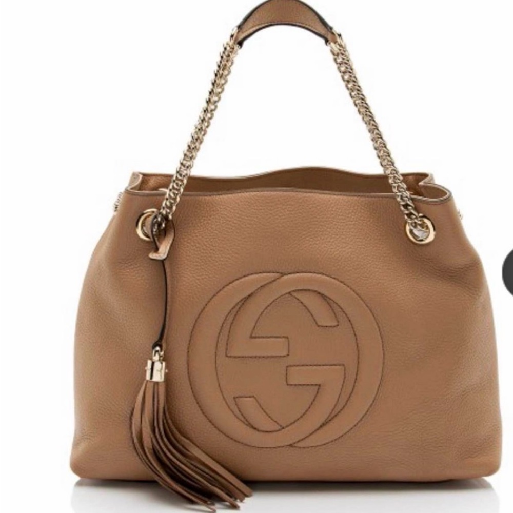 Like Brand New Gucci Tan Leather Shoulder Bag with Chain Straps. Dust Bag